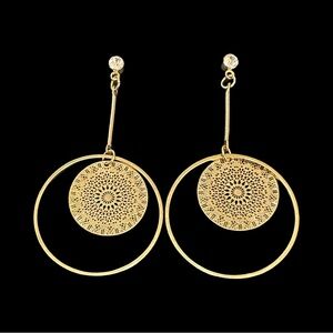 Boho Drop Dangle Earrings Gold Tone Medallion Center Lightweight